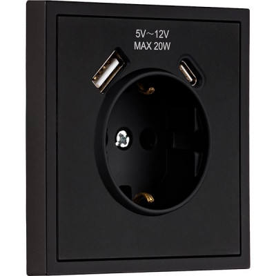 Розетка с/у 2P+E 16A, IP20, USB+Type-C, Smartbuy Капелла [SBE-09b-16-S1-USB] черный soft touch