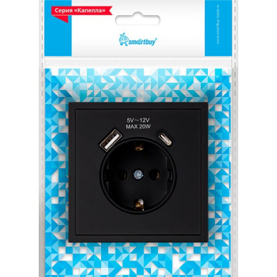 Розетка с/у 2P+E 16A, IP20, USB+Type-C, Smartbuy Капелла [SBE-09b-16-S1-USB] черный soft touch