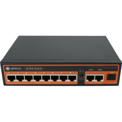 Коммутатор PoE  8PoE[100Mbps]+2Uplink[1Gbps]+1SFP[1Gbps] Optimus; 120Вт; AC 220В; [U1I-8F/2G/1S]