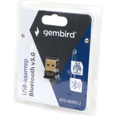 Адаптер USB Bluetooth Gembird, BTD-MINI5-2, ультратонкий корпус, v.5.0, 20 метров, USB