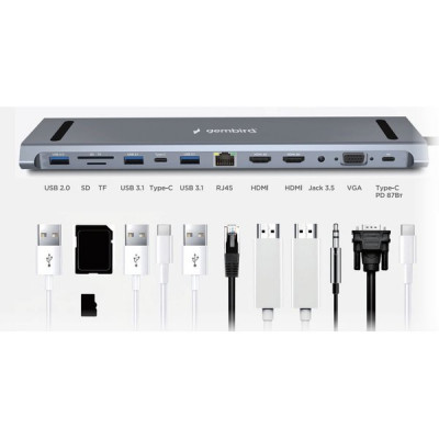 Переходник USB Type-C - 2xUSB3.1, PD87, Jack3.5, SD/TF, 2xHDMI, RJ45, VGA, USB2.0, Gembird [UHB-D6]