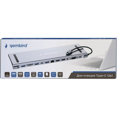 Переходник USB Type-C - 2xUSB3.1, PD87, Jack3.5, SD/TF, 2xHDMI, RJ45, VGA, USB2.0, Gembird [UHB-D6]