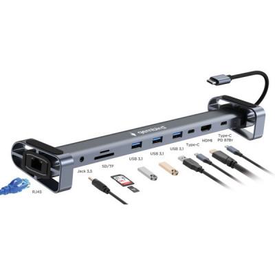 Переходник USB Type-C - 3xUSB3.1, Type-C PD87W, Jack 3.5, SD/TF, HDMI, RJ45, Gembird [UHB-D5]