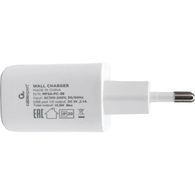 Зарядное устройство Cablexpert, 10.5Вт, 2.1А, 2хUSB [MP3A-PC-58] белый
