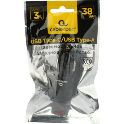 Зарядное устройство автомобильное Cablexpert, 38Вт, 3А, QC3.0/PD, 1хUSB, 1хType-C [MP3A-UC-CAR24]