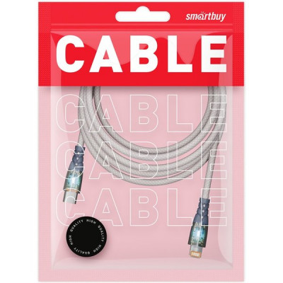 Кабель Type-C - Lightning, 1.0м, 3A, прозрачные наконечники, SmartBuy [IK-12-PDTRANSP-GRAY]