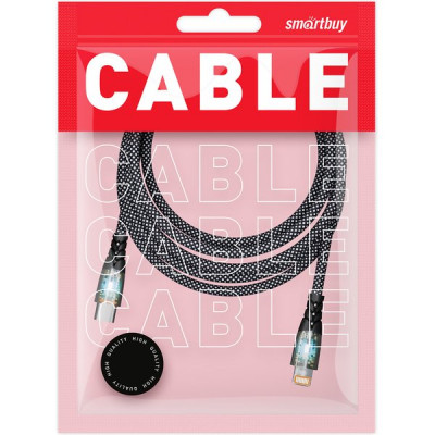 Кабель Type-C - Lightning, 1.0м, 3A, прозрачные наконечники, SmartBuy [IK-12-PDTRANSP-BLACK]