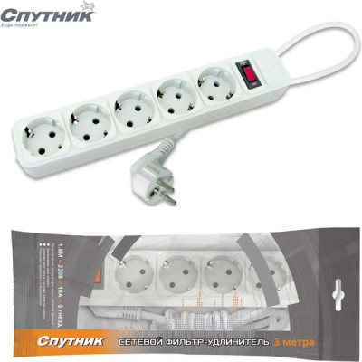 Сетевой фильтр  3м, 5 розеток, 10А/2200Вт, 3x0.75, Спутник [SP-530 3м-P White] белый