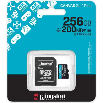 Карта памяти Micro SDXC 256Gb Kingston Class 10 Canvas Go! Plus UHS-I U3 V30 A2 с адпт [SDCG4/256GB]