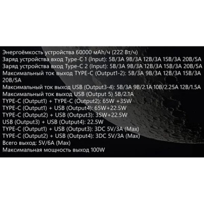 Внешняя батарея Perfeo MOON (60000 mah+LED дисплей/PD+QC 3.0/2Type-C/3 USB/Выход:5A,max) [PF_E2268]