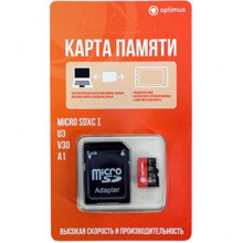 Карта памяти Micro SDXC 64Gb Optimus Class 10 U3 V30 для видеонаблюдения с адаптером