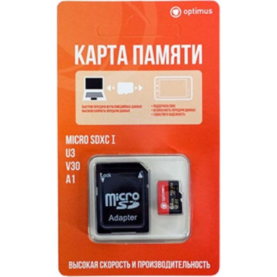 Карта памяти Micro SDXC 64Gb Optimus Class 10 U3 V30 для видеонаблюдения с адаптером