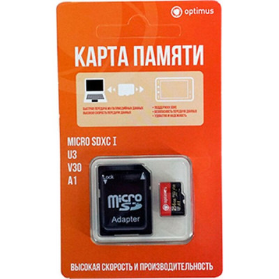 Карта памяти Micro SDXC 256Gb Optimus Class 10 U3 V30 для видеонаблюдения с адаптером