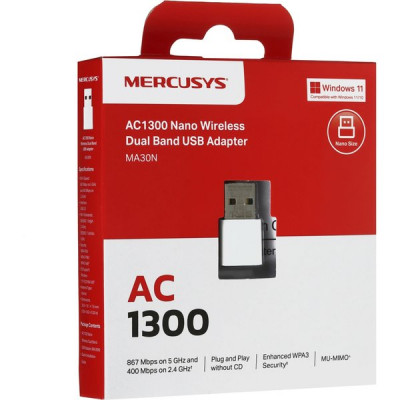 Адаптер Wi-Fi Mercusys MA30N AC1300 USB 2.0 (ант.внутр.)