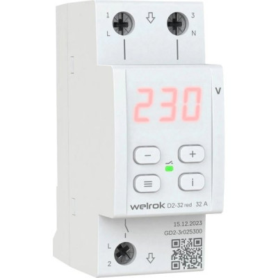 Реле напряжения 1-фазное, 32А, 7040ВА, 100–420В, Welrok [D2-32] белый индикатор