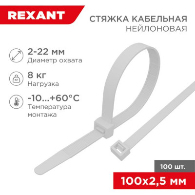 Хомут нейлоновый 2.5x100мм, 100шт, REXANT [07-0100] белый