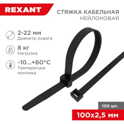 Хомут нейлоновый 2.5x100мм, 100шт, REXANT [07-0101] черный