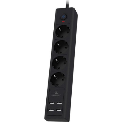 Сетевой фильтр  2м, 4 розетки, 16А/2500Вт, 3x1.5, 4хUSB, Cablexpert Exnovo [EXN-4-U4-B-2] чёрный