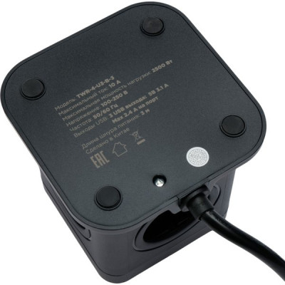Сетевой фильтр  3м, 4 розетки, 10А/2500Вт, 3x1, 3хUSB, Cablexpert Tower [TWR-4-U3-B-3] черный