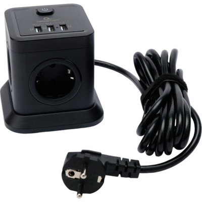 Сетевой фильтр  3м, 4 розетки, 10А/2500Вт, 3x1, 3хUSB, Cablexpert Tower [TWR-4-U3-B-3] черный