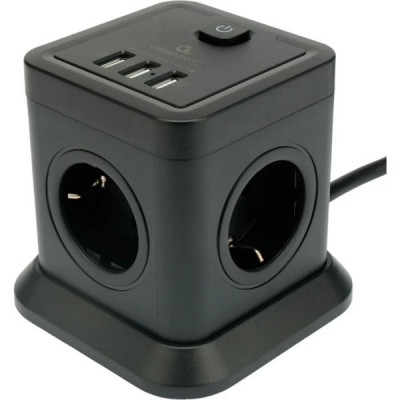 Сетевой фильтр  3м, 4 розетки, 10А/2500Вт, 3x1, 3хUSB, Cablexpert Tower [TWR-4-U3-B-3] черный