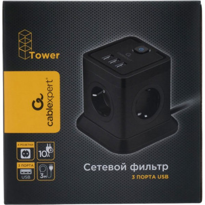 Сетевой фильтр  3м, 4 розетки, 10А/2500Вт, 3x1, 3хUSB, Cablexpert Tower [TWR-4-U3-B-3] черный