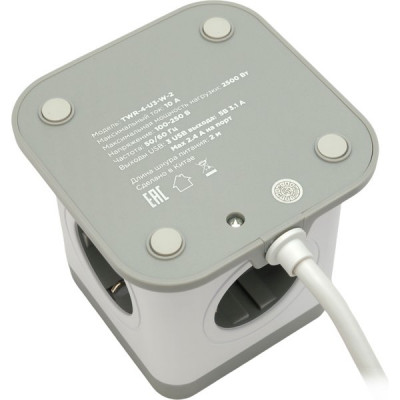 Сетевой фильтр  3м, 4 розетки, 10А/2500Вт, 3x1, 3хUSB, Cablexpert Tower [TWR-4-U3-W-3] белый