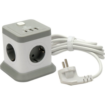 Сетевой фильтр  2м, 4 розетки, 10А/2500Вт, 3x1, 3хUSB+Type-C, Cablexpert Tower [TWR-4-CU2-W-2] белый
