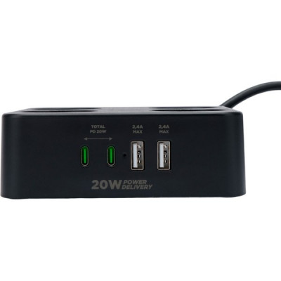 Сетевой фильтр  2м, 4 розетки, 10А/2500Вт, 3x1, 2хUSB+2xType-C, Cablexpert Plate [PLT-4-C2U2-B-2]