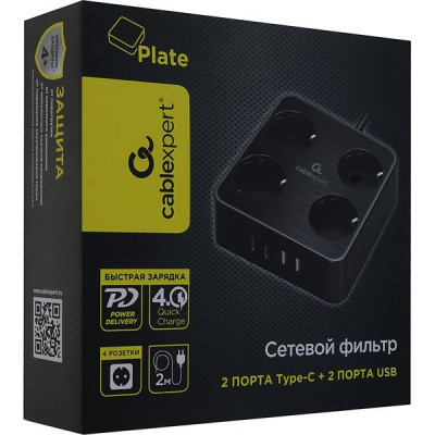 Сетевой фильтр  2м, 4 розетки, 10А/2500Вт, 3x1, 2хUSB+2xType-C, Cablexpert Plate [PLT-4-C2U2-B-2]