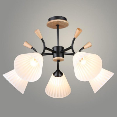 Люстра потолочная 5*E27*60W, стекло, 635*635*400, планка, Росток [N6426/5 BK+WOOD] белый/черный/дер