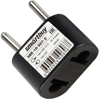 Переходник сетевой без заземления 10А, плоский на евровилку, Smartbuy [SBE-10-S07-b] черный