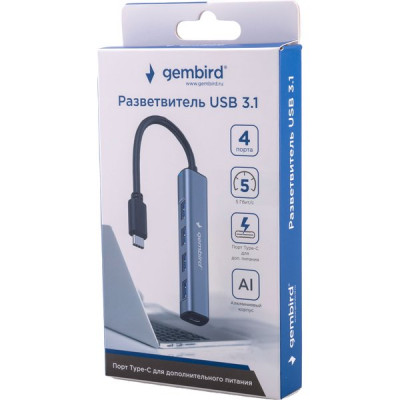 Концентратор USB 3.1 GEMBIRD UHB-C474, 4 порта, 4xUSB 3.0, кабель Type-C 19 см