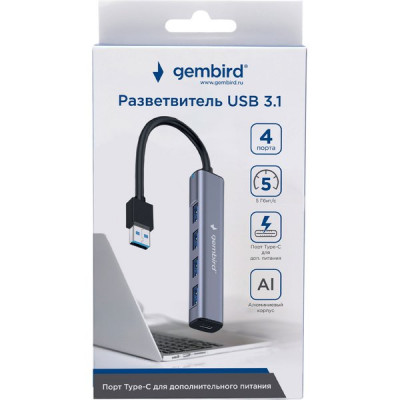 Концентратор USB 3.1 GEMBIRD UHB-C484, 4 порта, 4xUSB 3.0, кабель USB 19 см