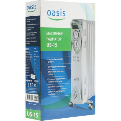 Радиатор масляный 1500Вт, 3 режима, 7 секций, до 15 м2, OASIS [US-15]