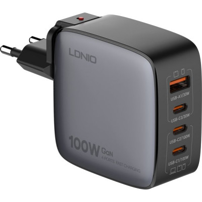 Зарядное устройство LDNIO, 1xUSB-A+3xUSB-C, max100W, Кабель PD/PD+PPS+SCP+QC 4+ [Q408] черный