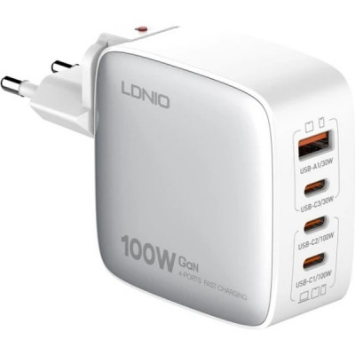 Зарядное устройство LDNIO, 1xUSB-A+3xUSB-C, max100W, Кабель PD/PD+PPS+SCP+QC 4+ [Q408] белый