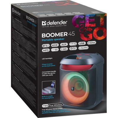 Колонка DEFENDER BOOMER 45, 45W, портативная, BT/LED/MIC/TWS/Light/FM [65245]