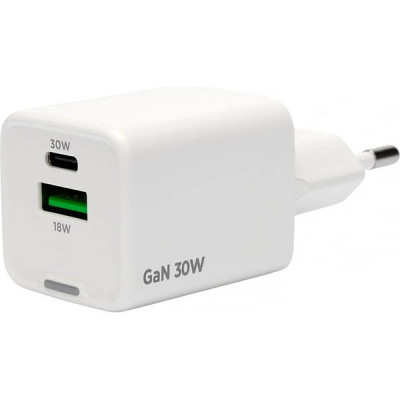 Зарядное устройство Cablexpert, 30Вт GaN, 3А, QC4.0/PD, 1xUSB, 1xType-C [MP3A-PC-63] белый