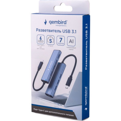 Концентратор USB 3.1 GEMBIRD UHB-U3P7-02, 7 портов, 7xUSB 3.0, OTG, кабель Type-C 19 см