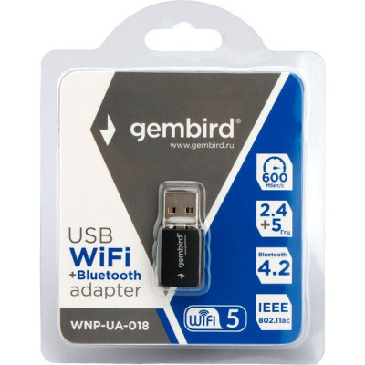Адаптер Wi-Fi Gembird WNP-UA-018, 600 Мбит, двухдиапазонный мини, USB, + Bluetooth: 4.2, RTL8821CU