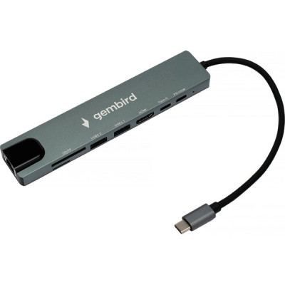 Переходник USB Type-C - USB2.0, USB3.1, Type-C PD87W, Type-C, HDMI, SD/TF, RJ45, Gembird [UHB-D3]