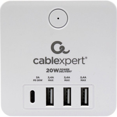Разветвитель 4 розетки с заземлением, 16А/4000Вт, 1xType-C PD, 3хUSB, Cablexpert Cube [CUBE-4] белый