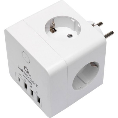 Разветвитель 4 розетки с заземлением, 16А/4000Вт, 1xType-C PD, 3хUSB, Cablexpert Cube [CUBE-4] белый