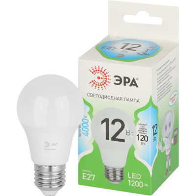 Лампа LED E27/A60 груша, 12W, 4000K, 1200Лм, ЭРА GL [LED A60-12W-840-E27 GL]