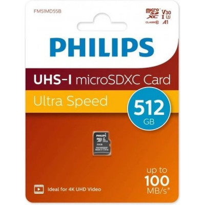 Карта памяти Micro SDXC 512Gb PHILIPS Class 10 без адаптера UHS-I U3, V30, A1, 130MB [FM51MD55B/97]