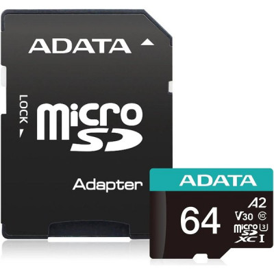 Карта памяти Micro SDXC 64Gb A-DATA Class 10 с адаптером Premier Pro UHS-I [AUSDX64GUI3V30SA2-RA1]