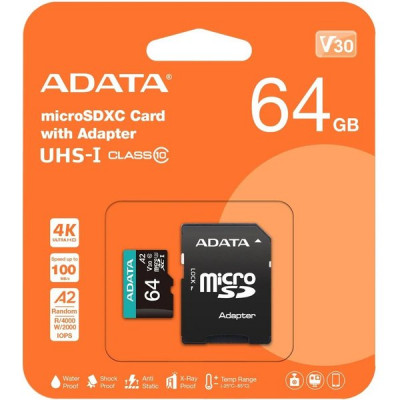 Карта памяти Micro SDXC 64Gb A-DATA Class 10 с адаптером Premier Pro UHS-I [AUSDX64GUI3V30SA2-RA1]