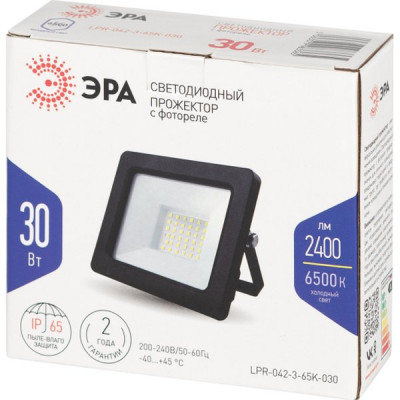 Прожектор LED  30W, 6500K, IP65, SMD, 2400Лм, встроен.фотореле, Эра [LPR-042-3-65K-030]