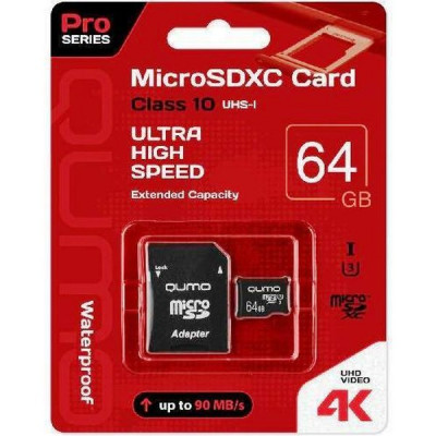 Карта памяти Micro SDXC 64Gb QUMO Class 10 с адаптером UHS-I U3 [QM64GMICSDXC10U3BL]